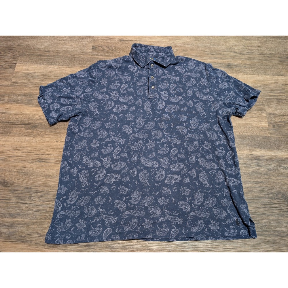 Polo Ralph Lauren Mens Large Classic Fit Navy‎ Blue Paisley Short Sleeve Polo